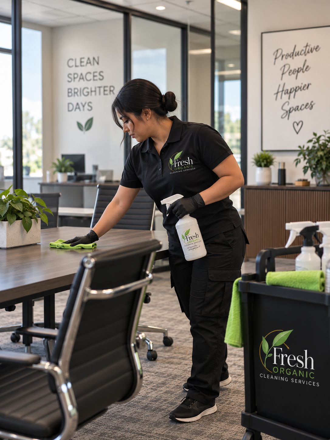 A woman dressed in black cleaning an office conference table with a spray bottle and a green cloth. She is wearing black gloves and is in an office with large windows, potted plants, and inspirational posters about cleanliness and productivity.