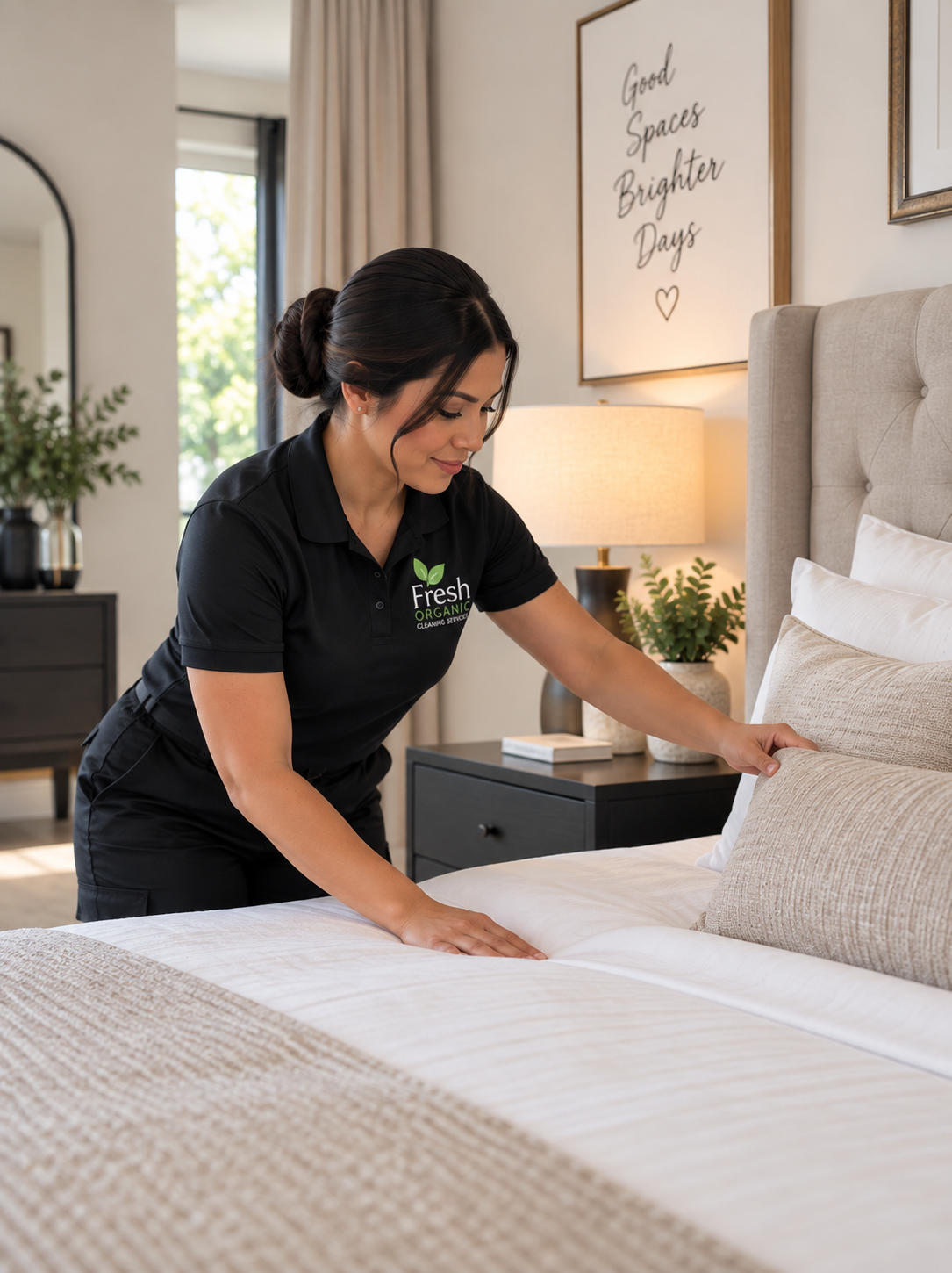 A woman in a black uniform makes a bed in a bedroom. She is smiling and neatly arranging the bedding. The bedroom has a nightstand with a lamp and decorative plants, and a framed quote on the wall that reads 'Good Spaces Brighter Days'.