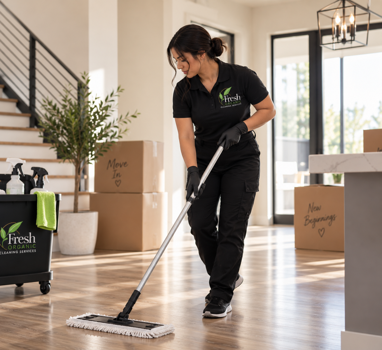 A woman wearing a black uniform and gloves mops hardwood floor in a modern home interior. There are cardboard boxes labeled "Move In" and "New Beginnings," a potted plant, cleaning supplies, and large windows in the background.