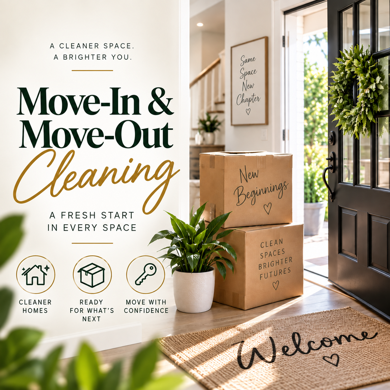 Moving boxes with written messages like 'New Beginnings' and 'Same Space New Chapter' near an open front door decorated with a green wreath, a welcome mat that says 'Welcome', and a wall sign about moving-in and cleaning.