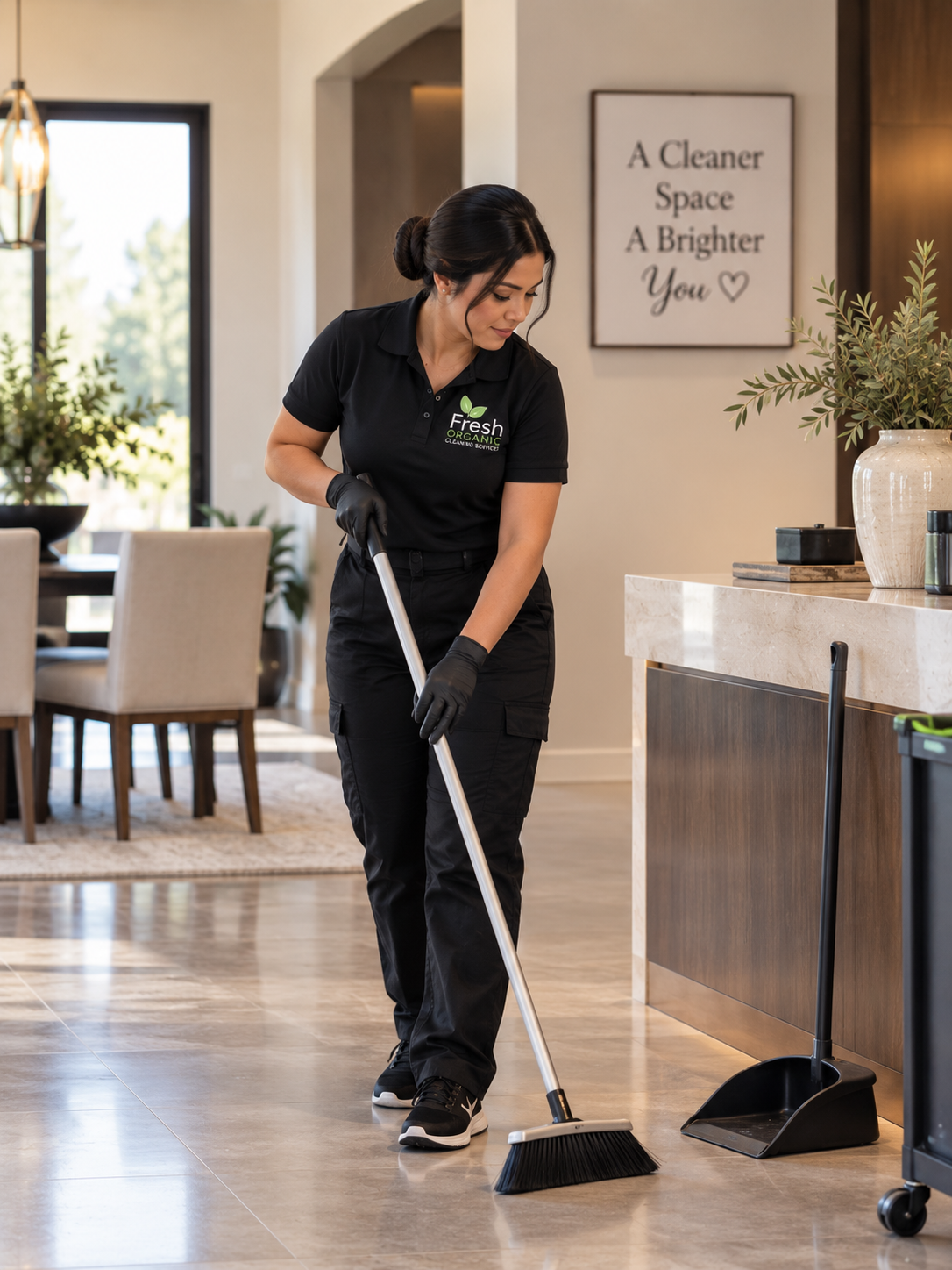 A woman in black cleaning uniform with 'Fresh Organic Cleaning Service' logo sweeping the floor in a modern, well-lit room.