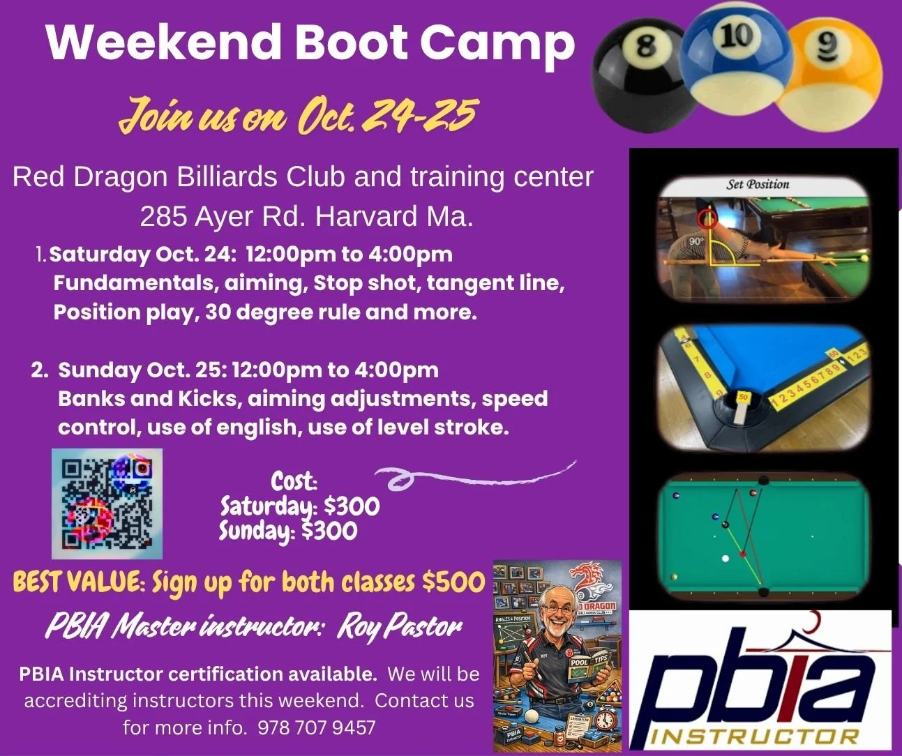 Flyer for Weekend Boot Camp at Red Dragon Billiards Club with details of classes on October 24th and 25th, including images of billiard balls, pool tables, and a photo of instructor Roy Pastor.