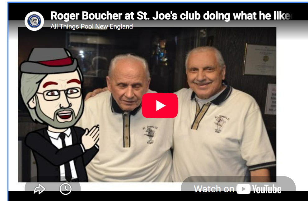 A YouTube video thumbnail showing two elderly men in white shirts posing together with a cartoon character of a man with gray hair, glasses, and a gray beard, wearing a black suit. The title mentions Roger Boucher at St. Joe's club.