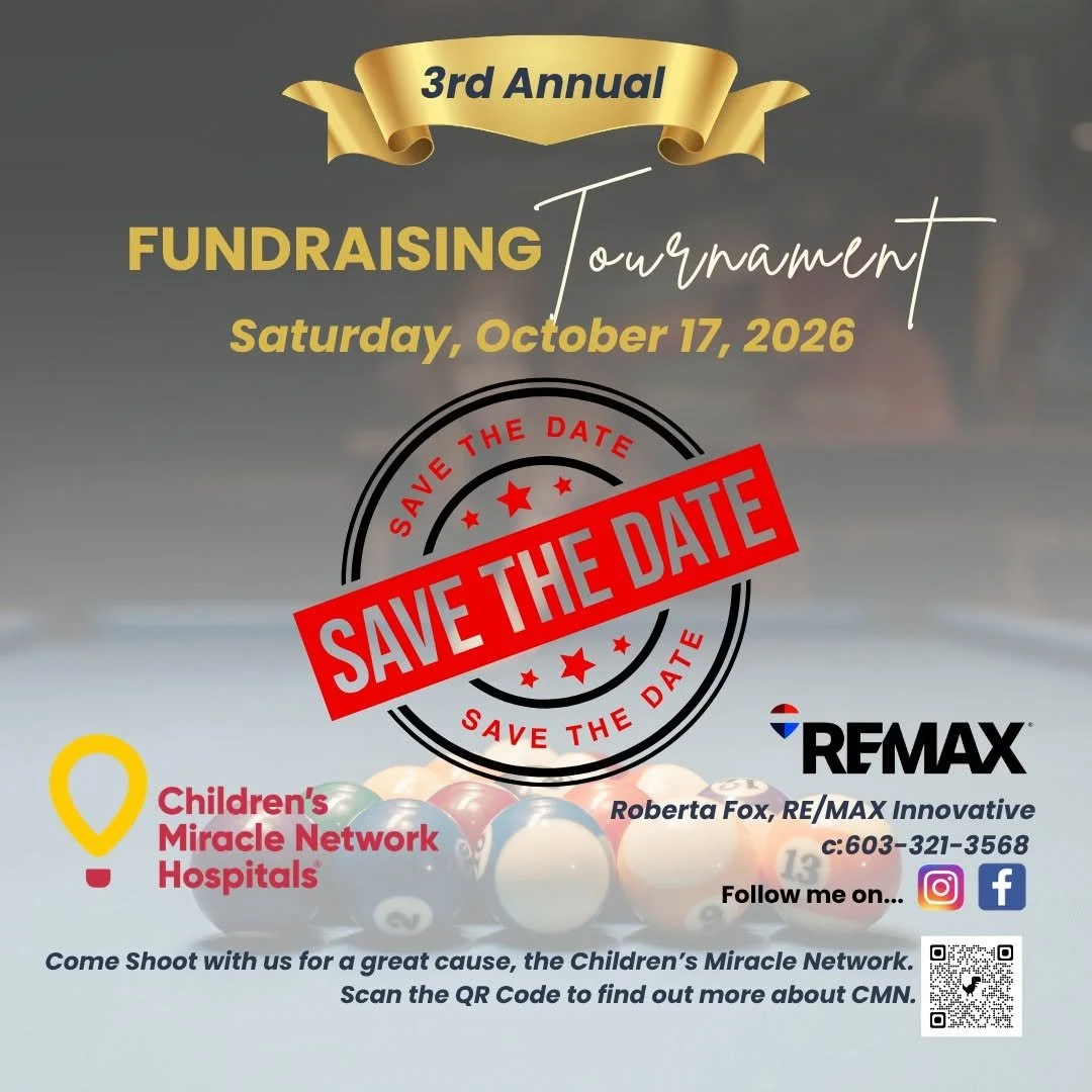 Event poster for the 3rd Annual Fundraising Tournament on Saturday, October 17, 2026. The poster includes a prominent red stamp with 'SAVE THE DATE,' a logo of Children’s Miracle Network Hospitals, and a background image of pool balls. Contact information and social media icons for REMAX are also included.