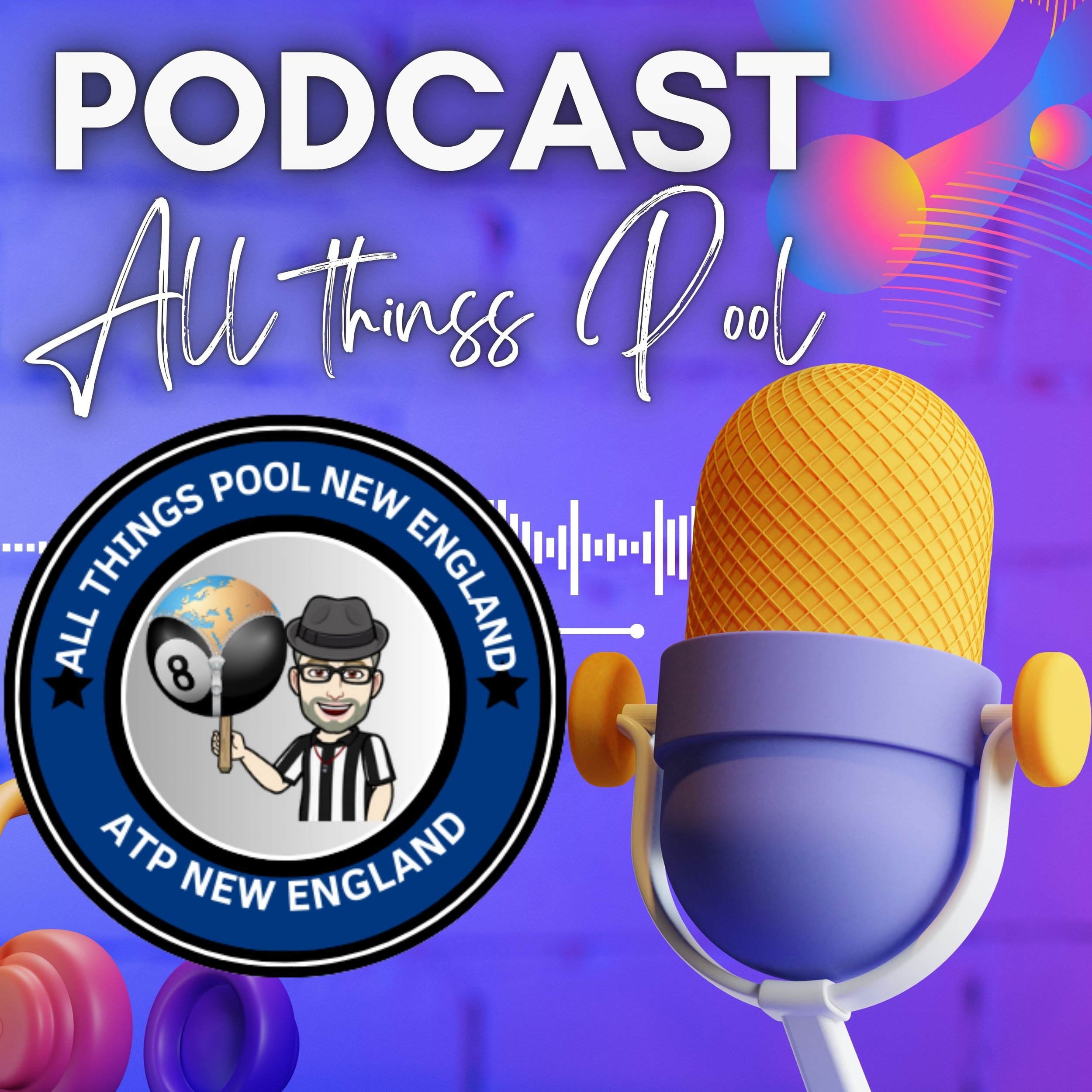 Purple background with colorful spheres and abstract shapes. Large white text reads 'PODCAST'. Below it, handwritten style text says 'All Things I Love'. Part of a circular logo with a globe, a rocket, and cartoon characters is visible.