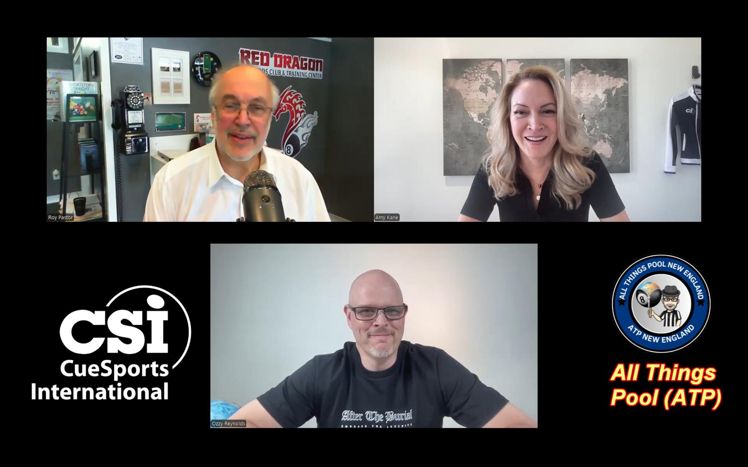 A screenshot of a virtual meeting with three men, two women, and a partial view of a person at the bottom. The background includes sports logos, a world map, and text logos related to cue sports, pool, and billiards.