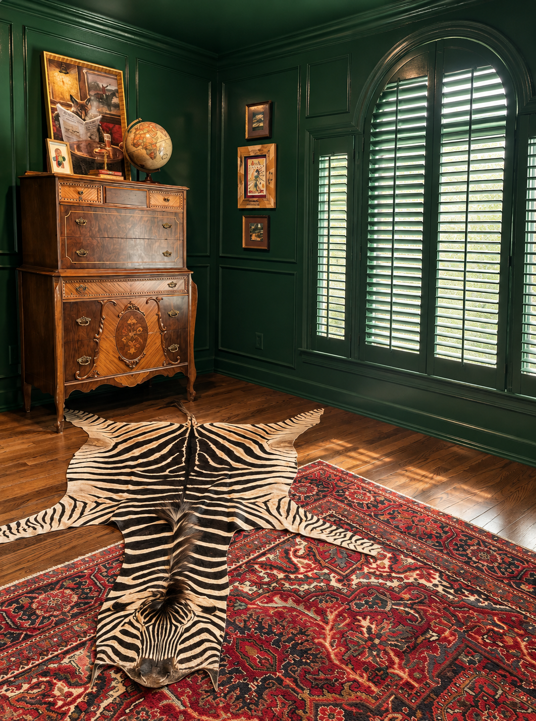 A vintage wooden dresser with decorative inlay, a globe, and framed artwork on a dark green wall. A zebra hide rug covers a red patterned area rug on a wooden floor, next to a window with green shutters.