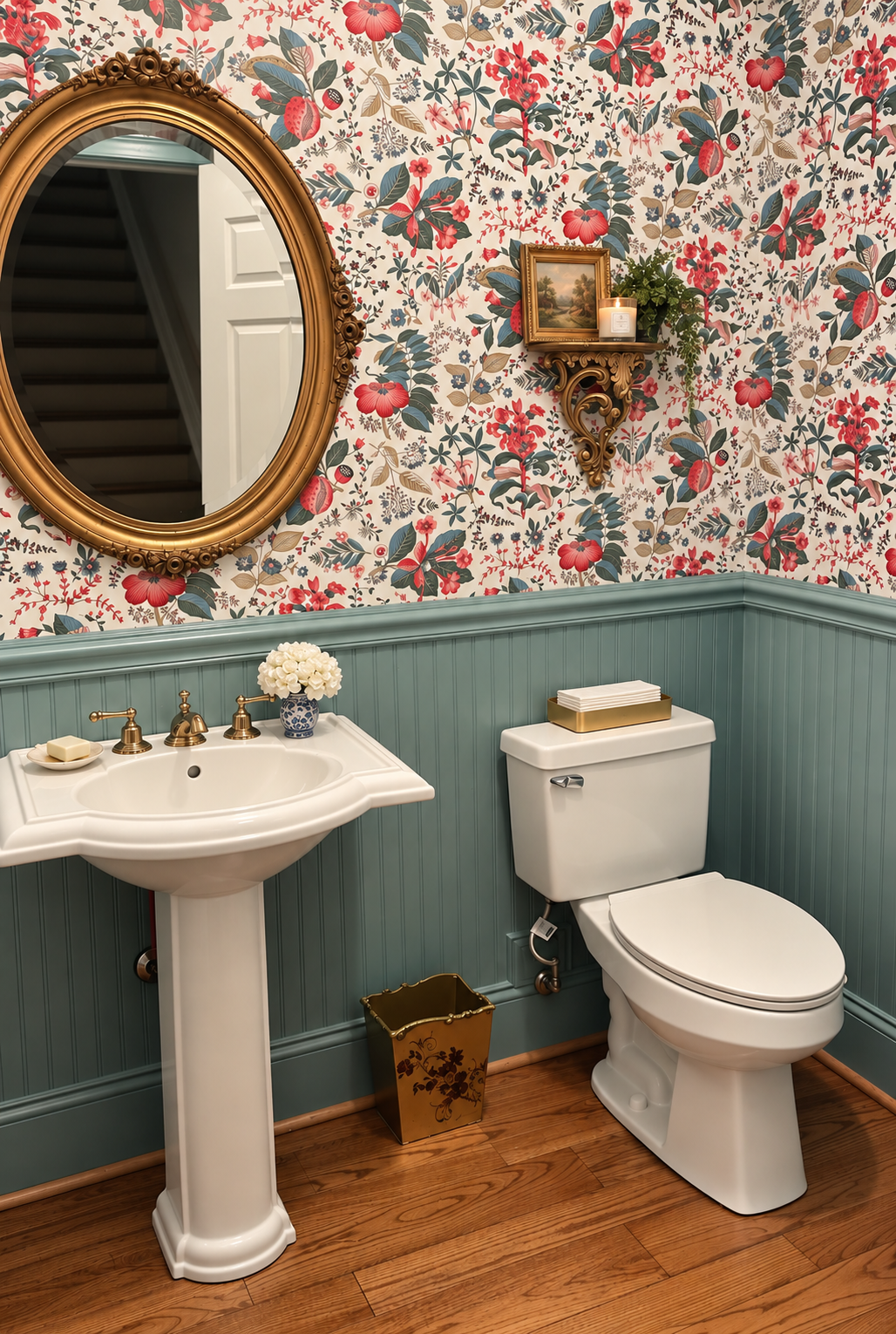 A vintage-style bathroom with a floral wallpaper, an ornate gold-framed mirror, and a teal beadboard wainscot. There is a white pedestal sink with brass fixtures, a small vase of white flowers, and a soap dish. A white toilet has a gold tray with tis