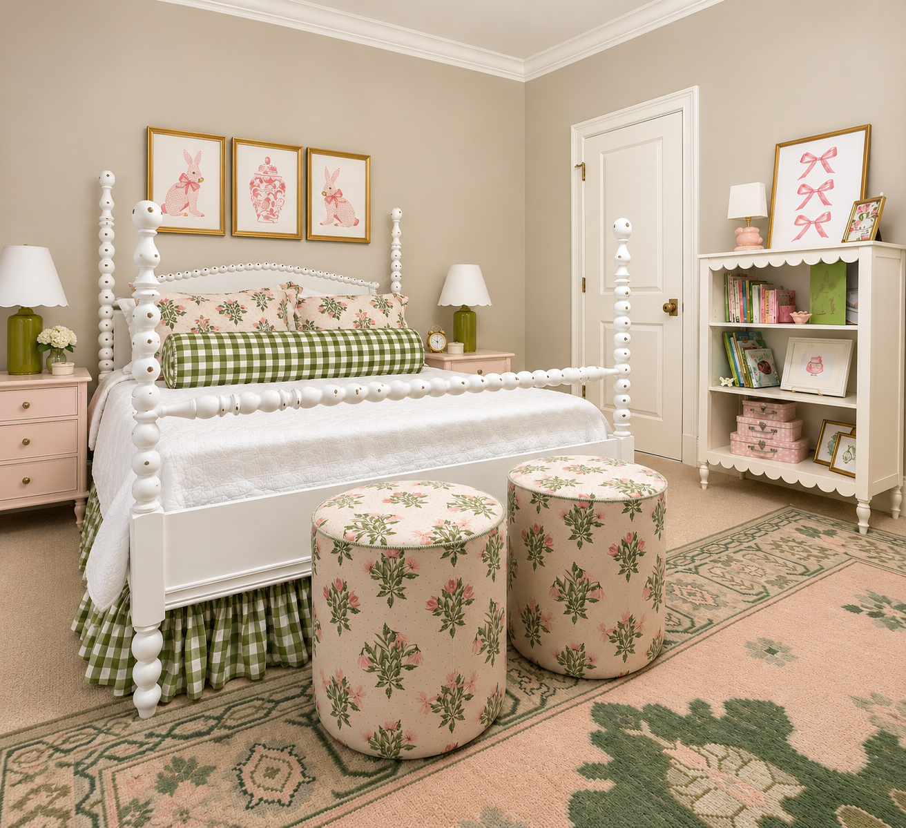 A playful yet timeless little girl’s bedroom layered in soft pinks, fresh greens, and classic patterns. Thoughtful details, collected furnishings, and whimsical touches create a space that feels sweet and youthful while still designed to grow with he
