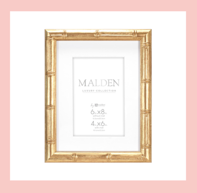 Gold-colored picture frame with a white mat and a white placeholder paper inside, displaying the brand 'Malden' and measurements for a picture frame.
