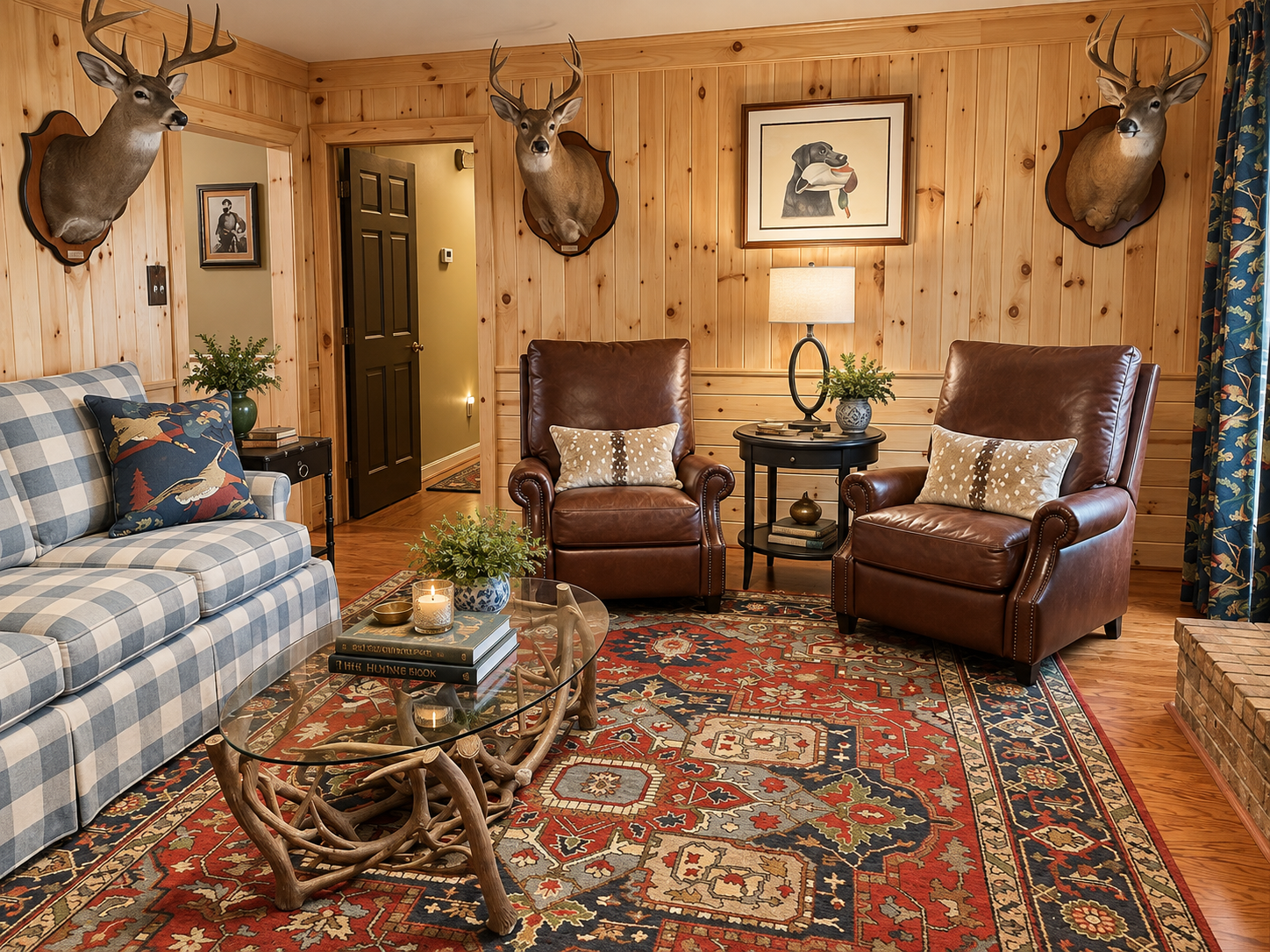 A cozy living room with wood-paneled walls, two brown leather armchairs, a plaid sofa with decorative pillows, a glass coffee table with books and greenery, a patterned area rug, a side table with a lamp, and mounted deer heads on the wall.