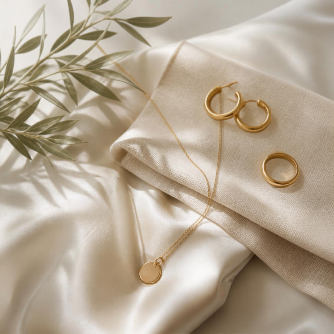 Gold jewelry including a pair of hoop earrings, a ring, and a pendant necklace laid on cream-colored fabric with a sprig of green leaves nearby.