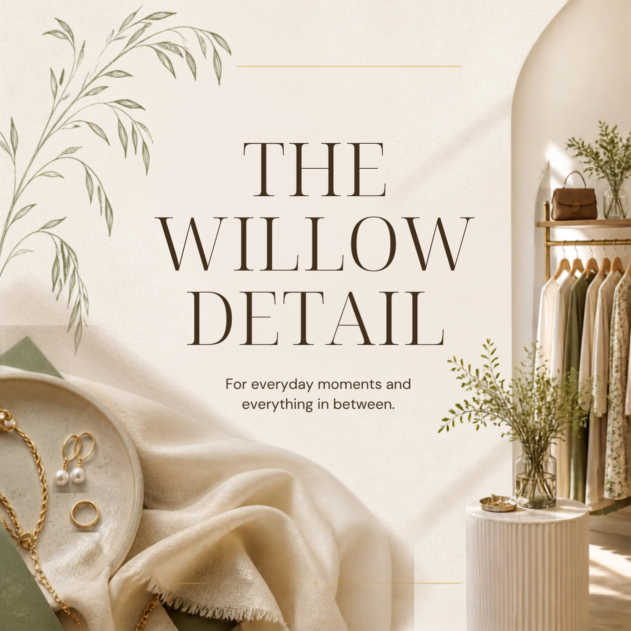 A stylish boutique displaying clothing racks, a table with jewelry, and decorative plants, with a beige and natural color theme and the text 'The Willow Detail: For everyday moments and everything in between'