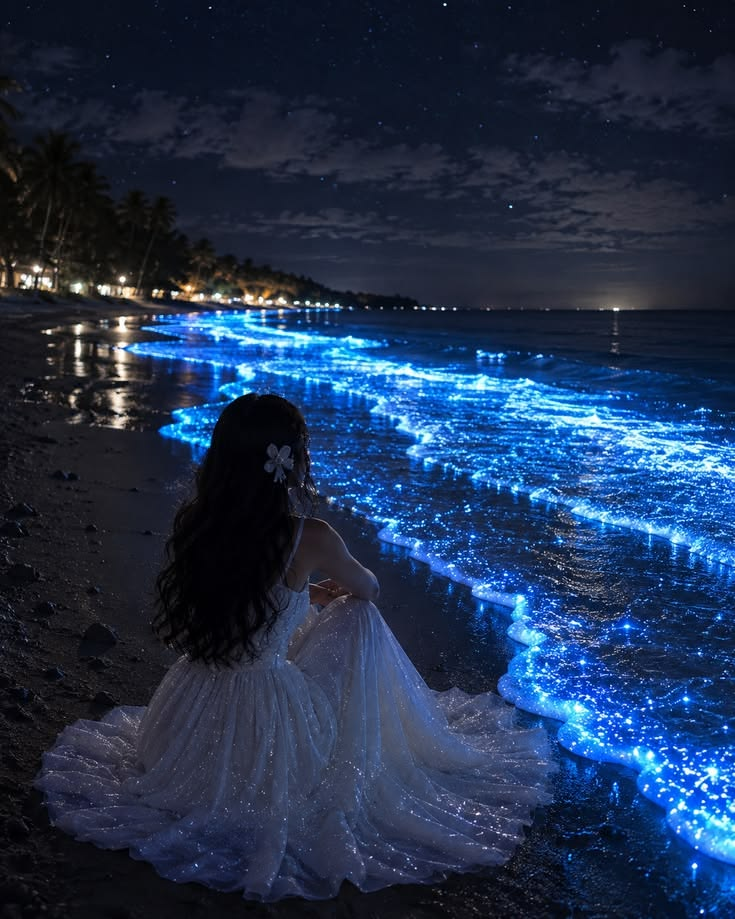 Woman in a white dress beside glowing blue ocean waves at night