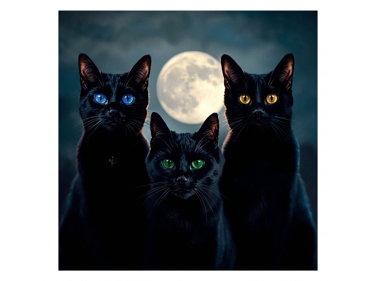 Three black cats with blue, green, and gold eyes beneath a full moon