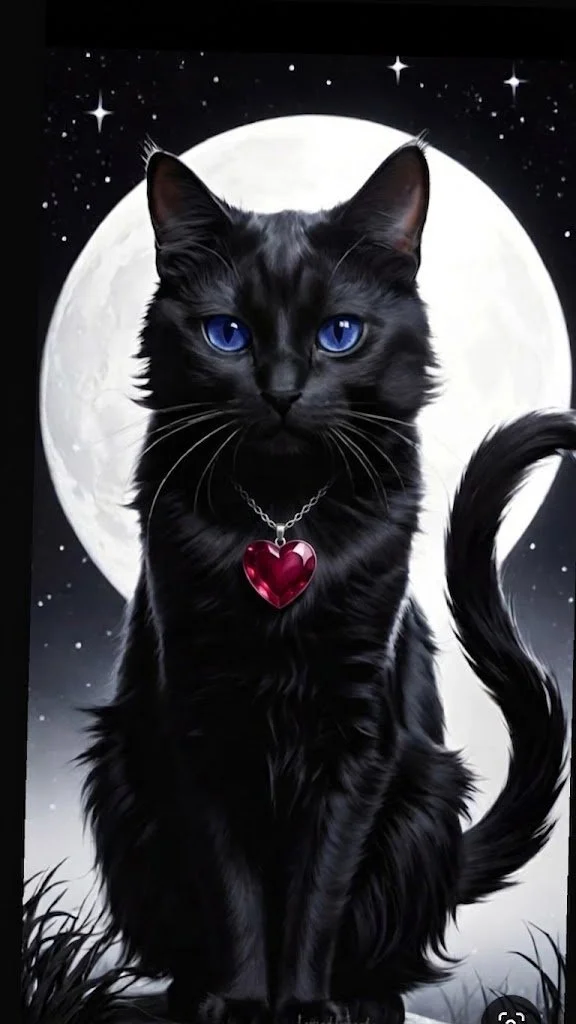 Black cat with blue eyes and a red heart pendant beneath a full moon