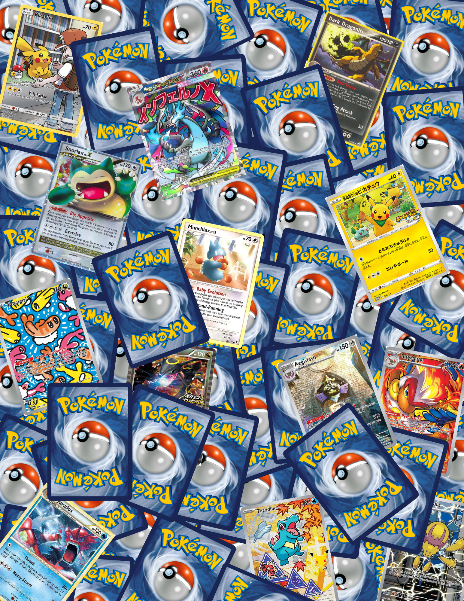 A pile of Pokémon trading cards scattered over a surface, with some cards face up showing various Pokémon characters and their attributes, and many cards face down featuring the iconic Pokémon logo and Poké Ball design.