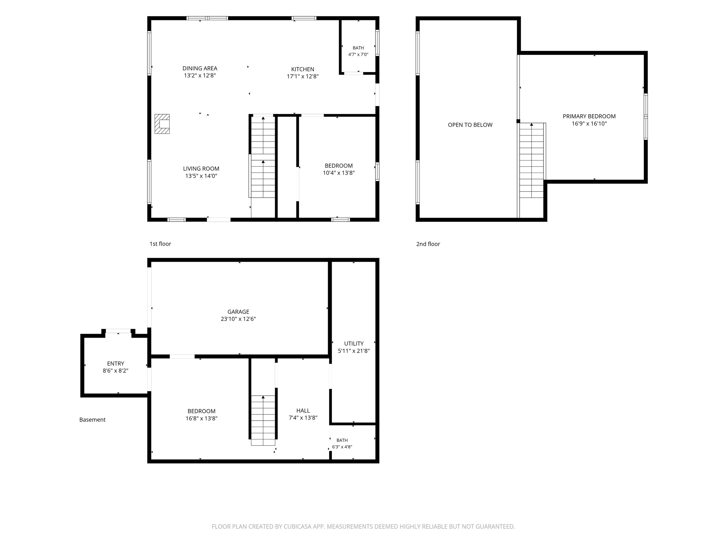 Floor plan of a multi-story house showing the layout of rooms including a basement, garage, entryway, living room, bedroom, hall, bathroom, utility room, kitchen, dining area, primary bedroom, and open to below space.
