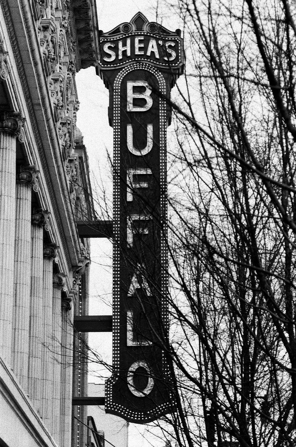Black and white photo of a vintage theater sign reading 'Shea's BUE' with ornate architectural details and leafless tree branches in the background.