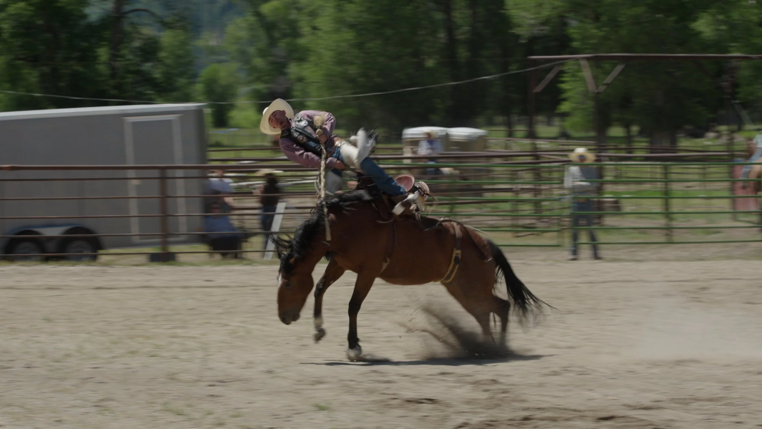 A cowboy riding a bucking horse in a rodeo arena, with a background of trees, fences, and trailers.