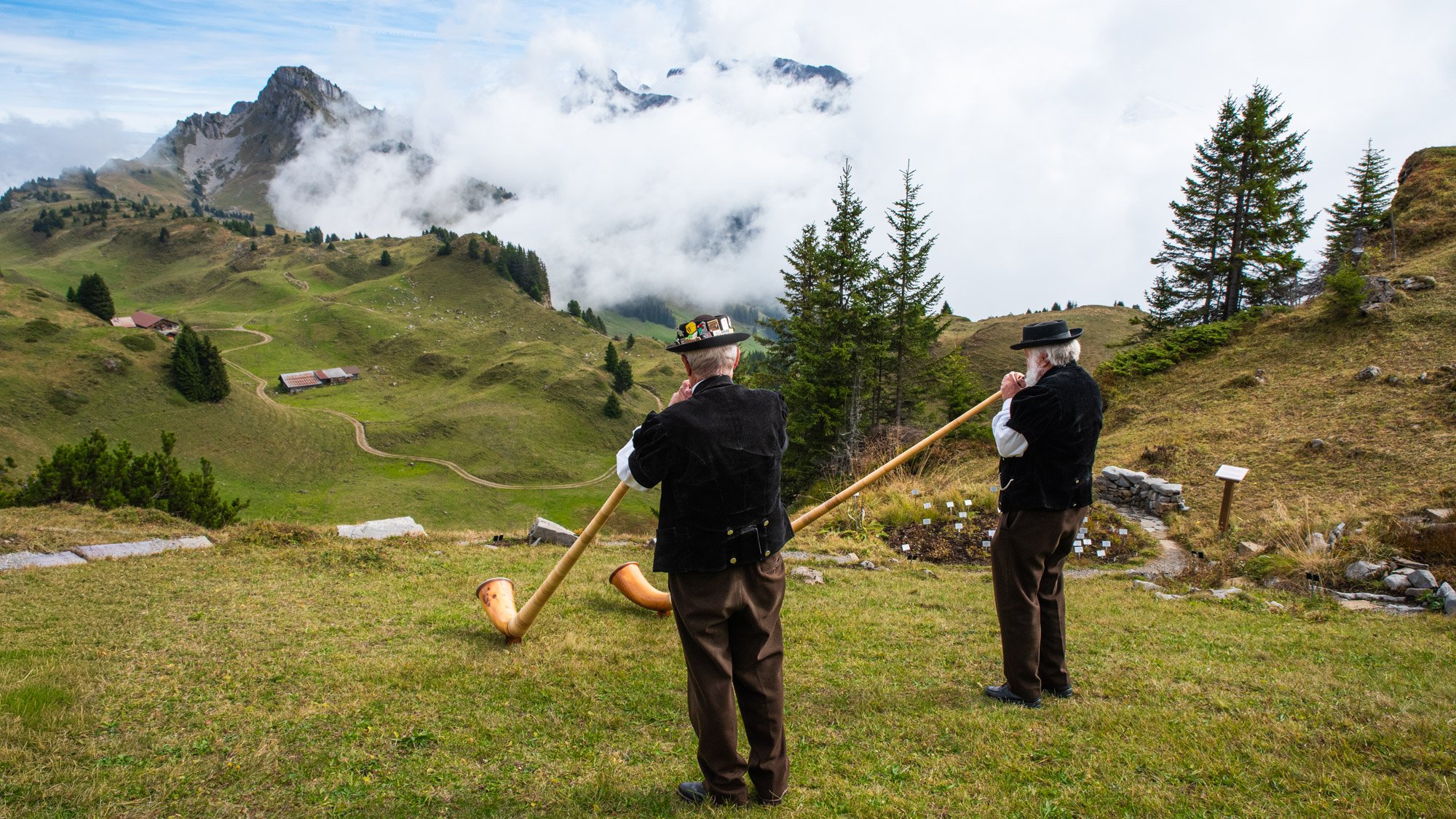 Two men with traditional attire playing alphorns in a mountain landscape, with green hills, scattered trees, and cloudy skies.