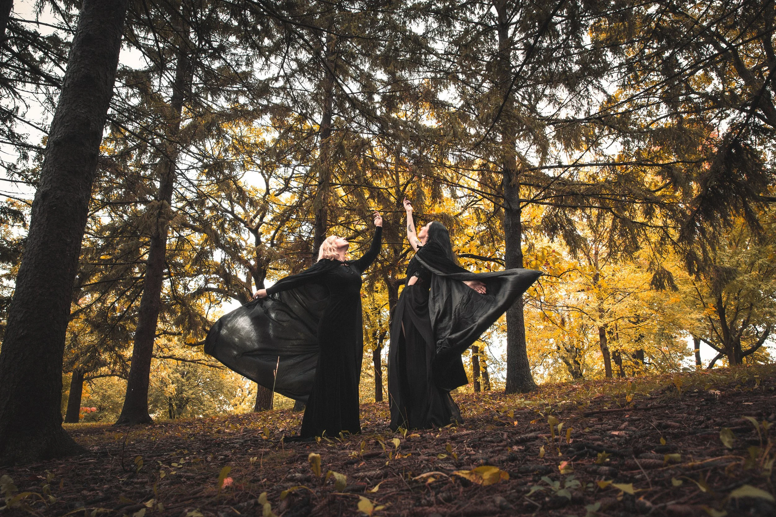 Two women dressed as witches, wearing black cloaks, standing in an autumn forest with tall trees and yellow and orange leaves, raising their hands to the sky.