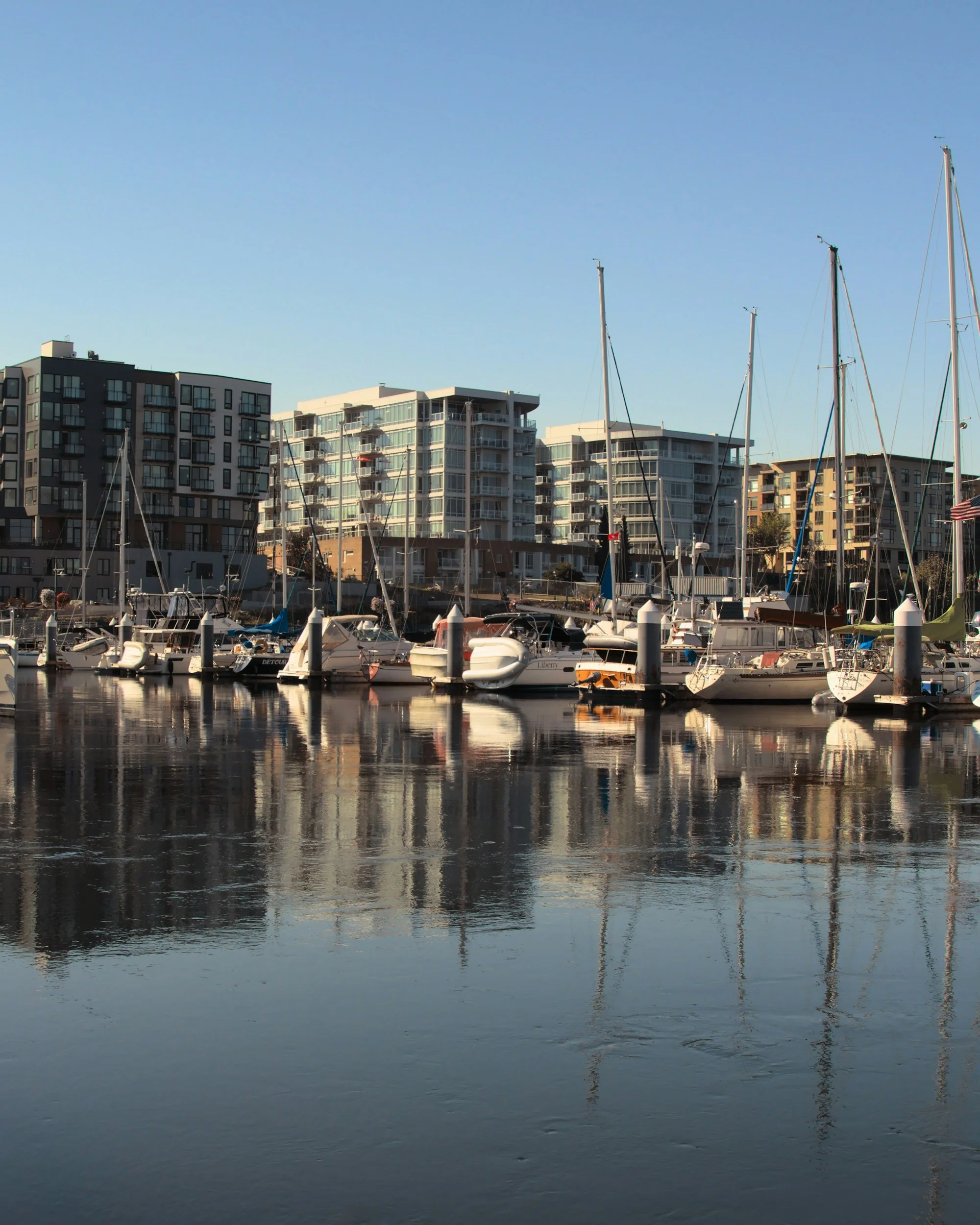 Marina with sailboats docked, modern apartment buildings in the background, reflected in calm water, on a clear day.