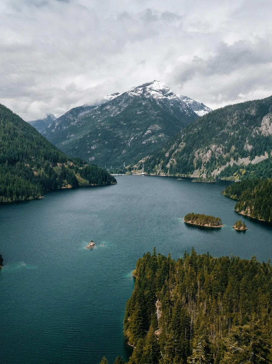 Mountain landscape with a lake, forested hills, and snow-capped peaks under cloudy sky.