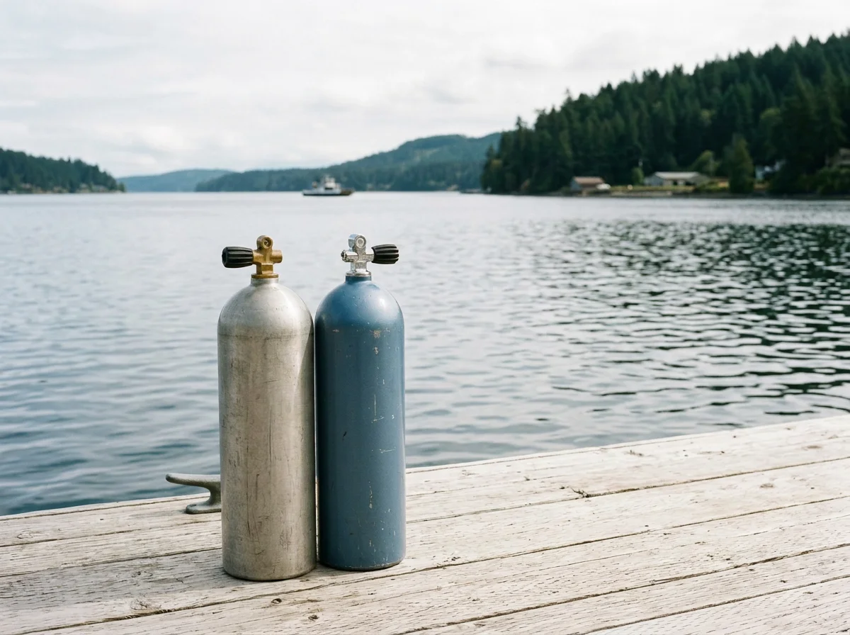 Two metal cylinders with black valve handles sit on a wooden dock railing near a lake with forested hills in the background, under a cloudy sky.