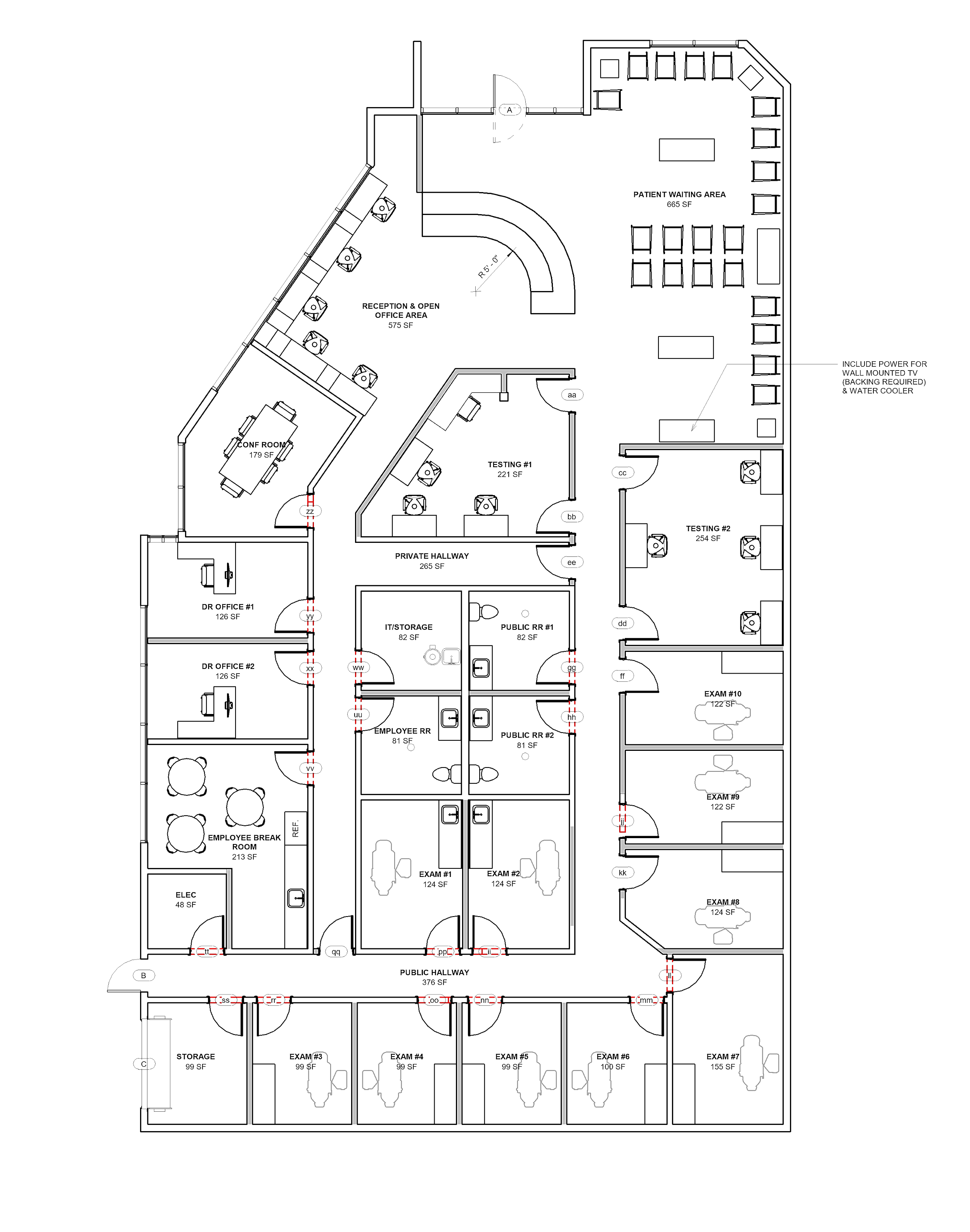 Blueprint of a building layout including multiple rooms labeled for offices, exam rooms, storage, and hallways, with detailed architectural features.