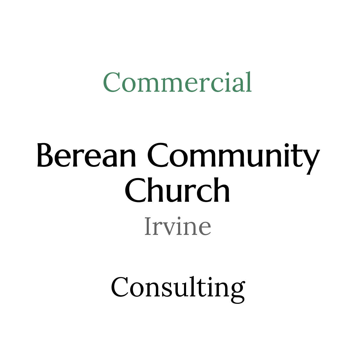 Text-based graphic displaying the words 'Commercial,' 'Serge n. Community,' 'Church,' 'Irving,' and 'Consulting' in various fonts and sizes.