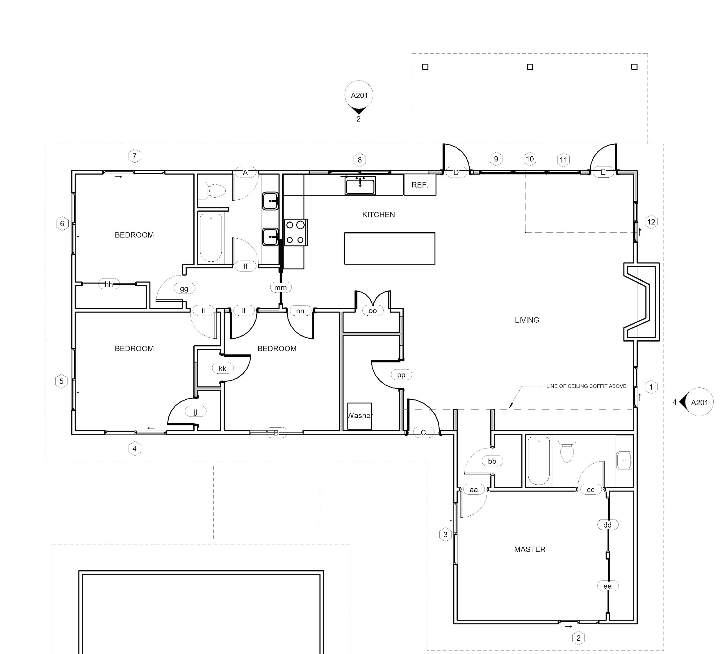 Architectural floor plan with labels for rooms including bedrooms, kitchen, living area, and various symbols for fixtures and measurements.