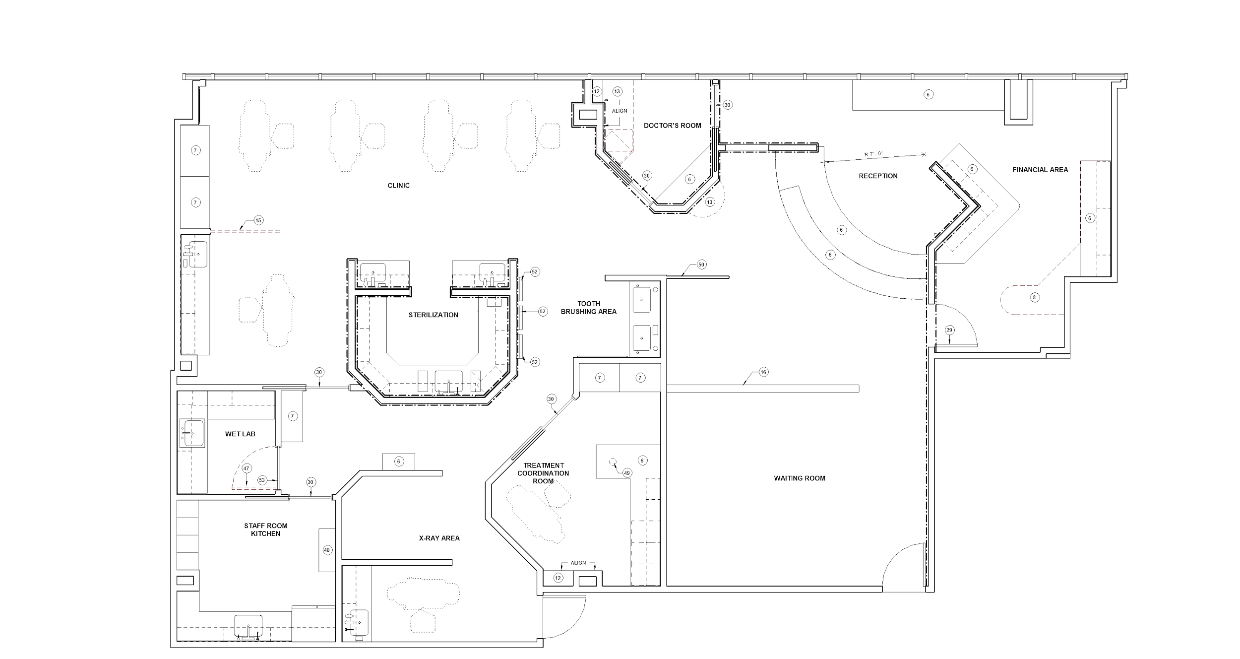 Architectural floor plan of a building with labeled rooms including reception, waiting area, sterilization, doctor room, and kitchen.