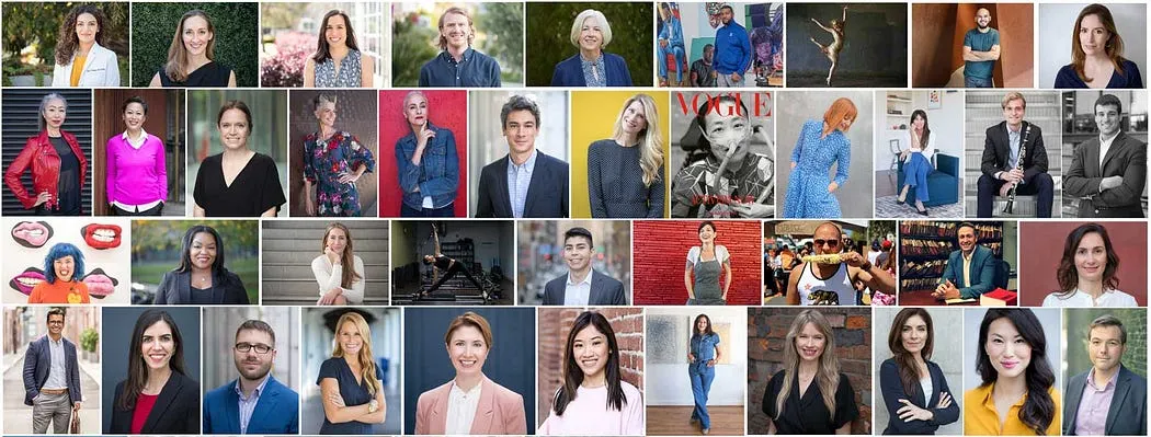 A collage of various people, including men and women of diverse ages and backgrounds, posing in different settings such as outdoors, indoors, and workplaces.