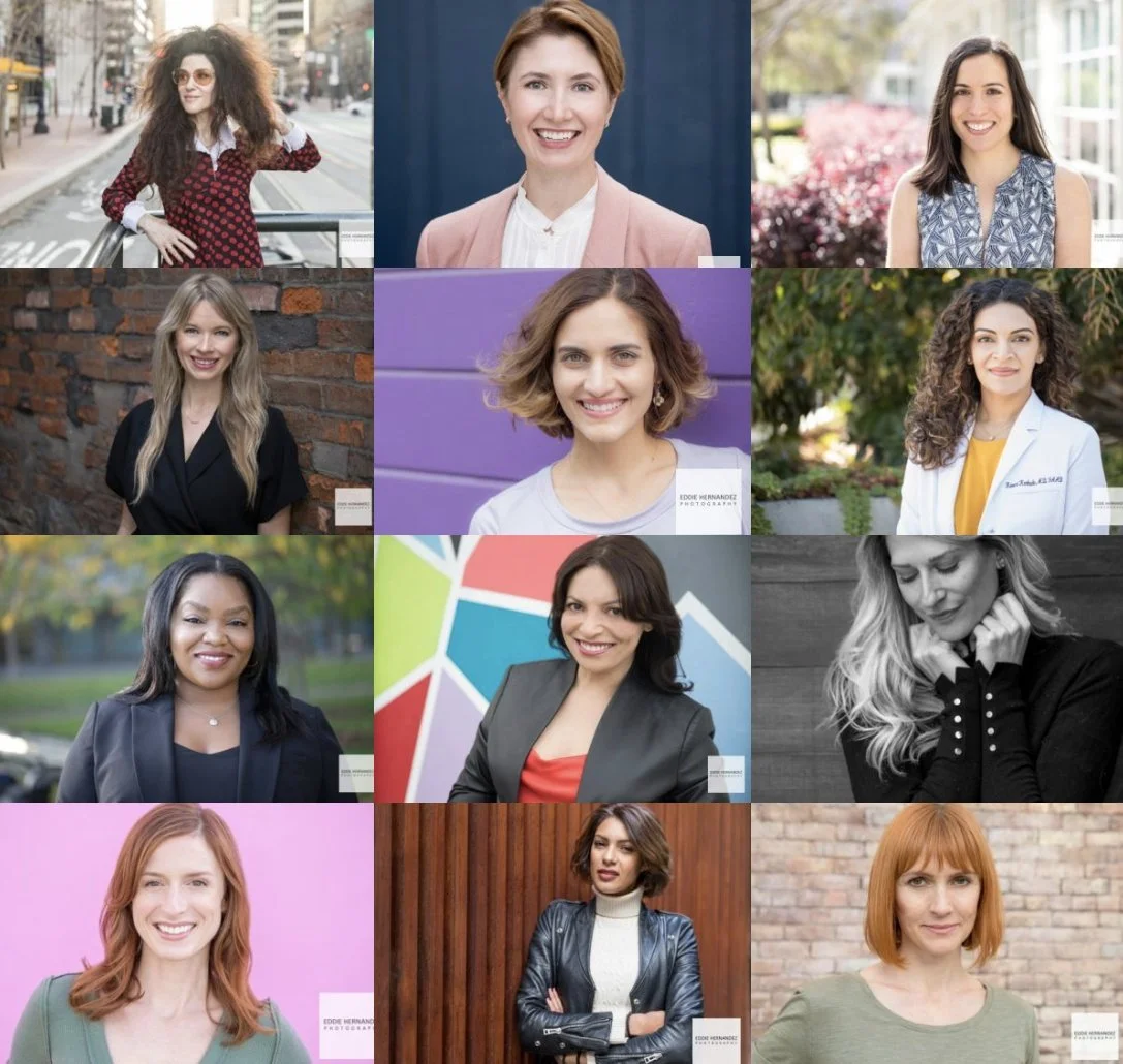 Collection of twelve diverse women in various outdoor and indoor settings, smiling and posing for portraits.