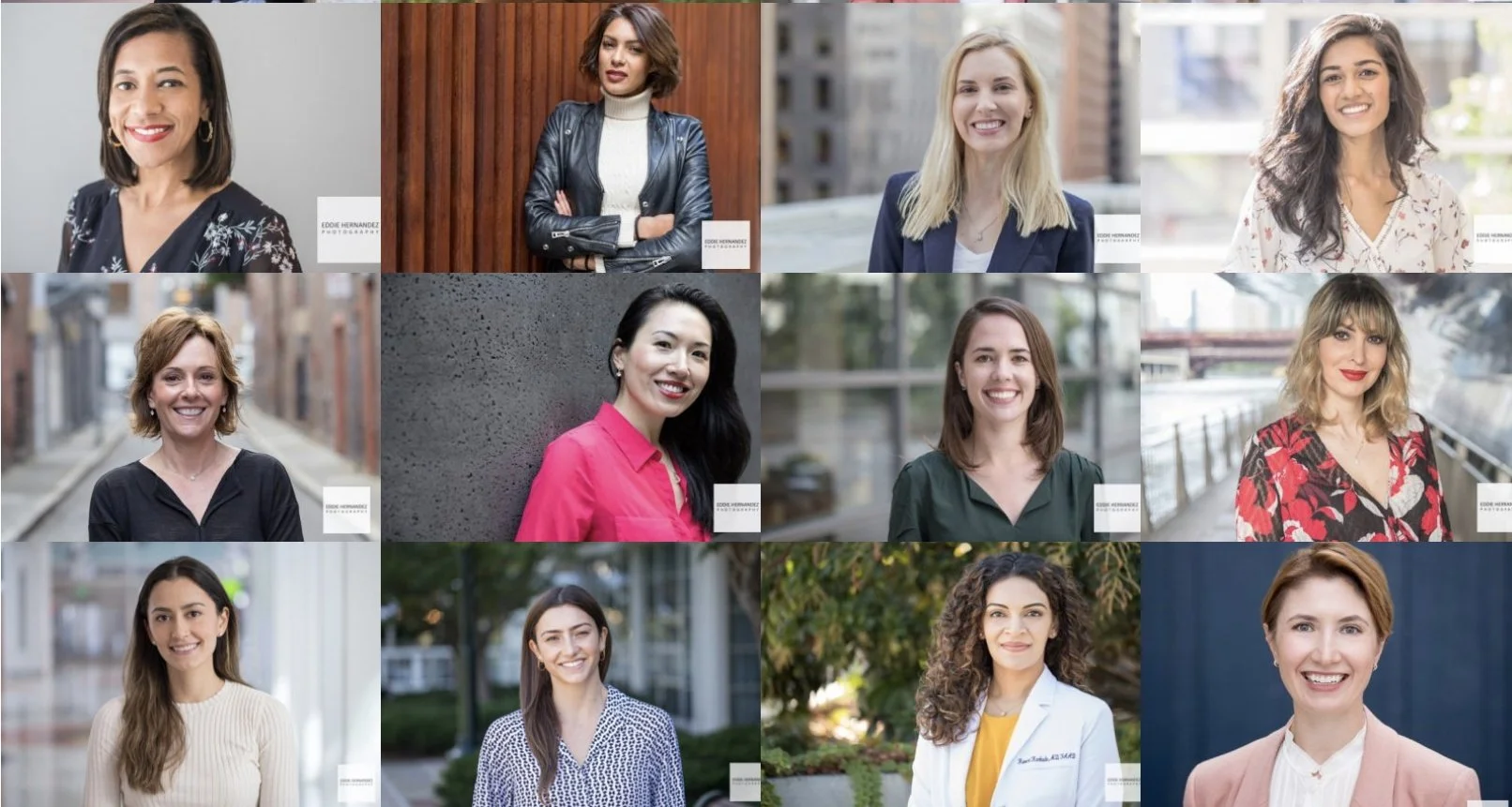 Collage of twelve women with diverse appearances, hair styles, and clothing, smiling or posing outdoors and indoors.
