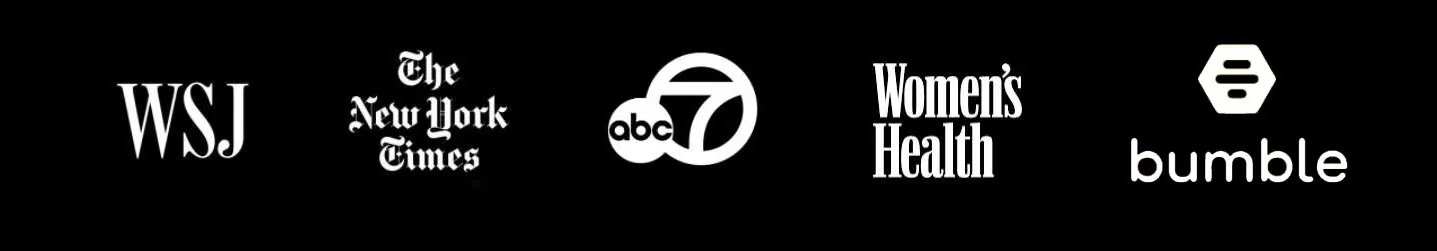 Logos of six news and media companies displayed on a black background, including WSJ, The New York Times, ABC 7, Women's Health, and Bumble.