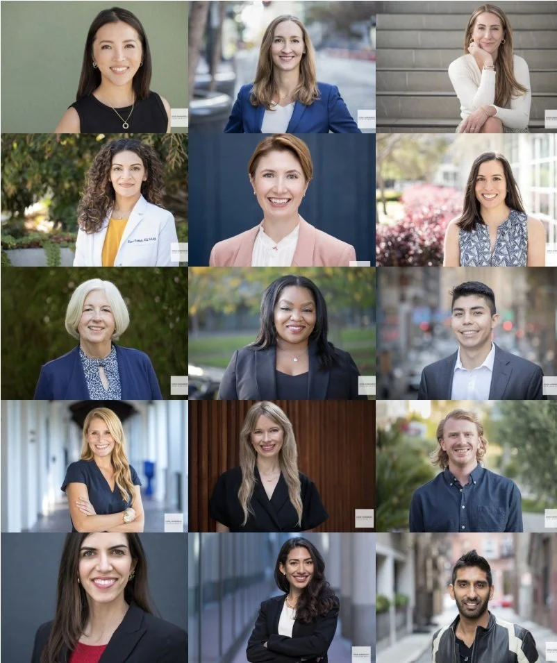 Collage of 15 diverse professionals, including women and men, smiling for portrait photographs outdoors and indoors.