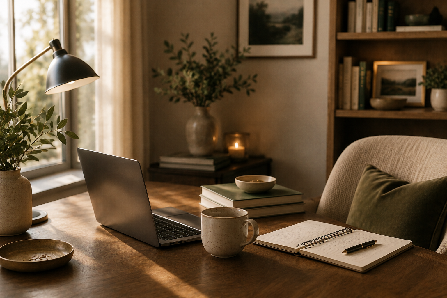 Private practice mentorship and consultation workspace for therapists with laptop, notebook, and warm office setting.