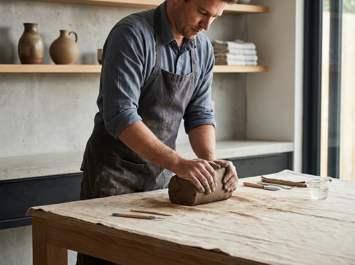 A man shaping clay on a wooden table in a bright, modern studio, with shelves of pottery in the background.