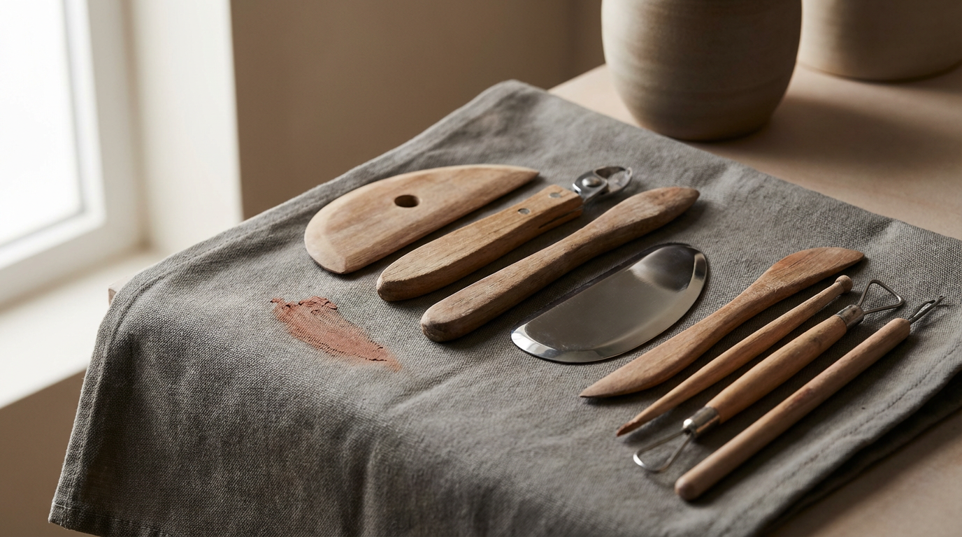 Assorted wooden and metal kitchen utensils on a beige cloth on a wooden surface near a window.