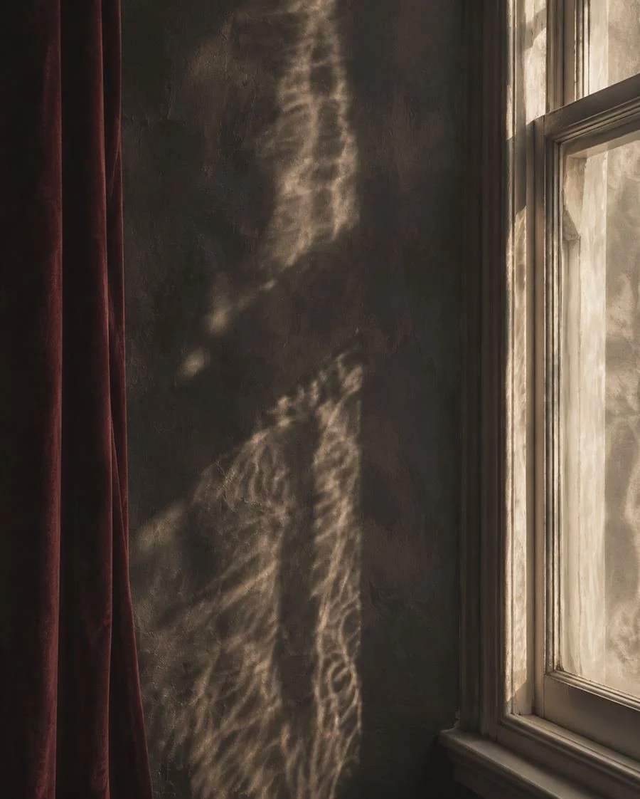 Sunlight filtering through a window, creating intricate light and shadow patterns on a dark wall with a red curtain partially visible on the left side.