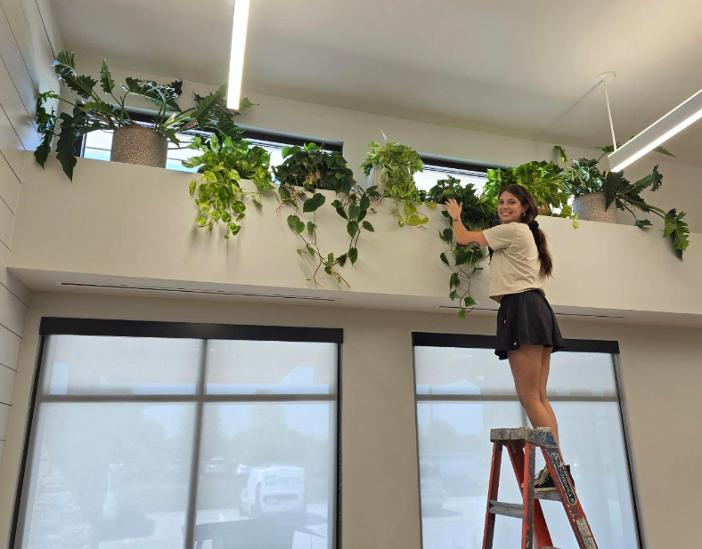 Woman standing on a ladder watering or arranging potted plants on a high shelf near ceiling inside a room with large windows.