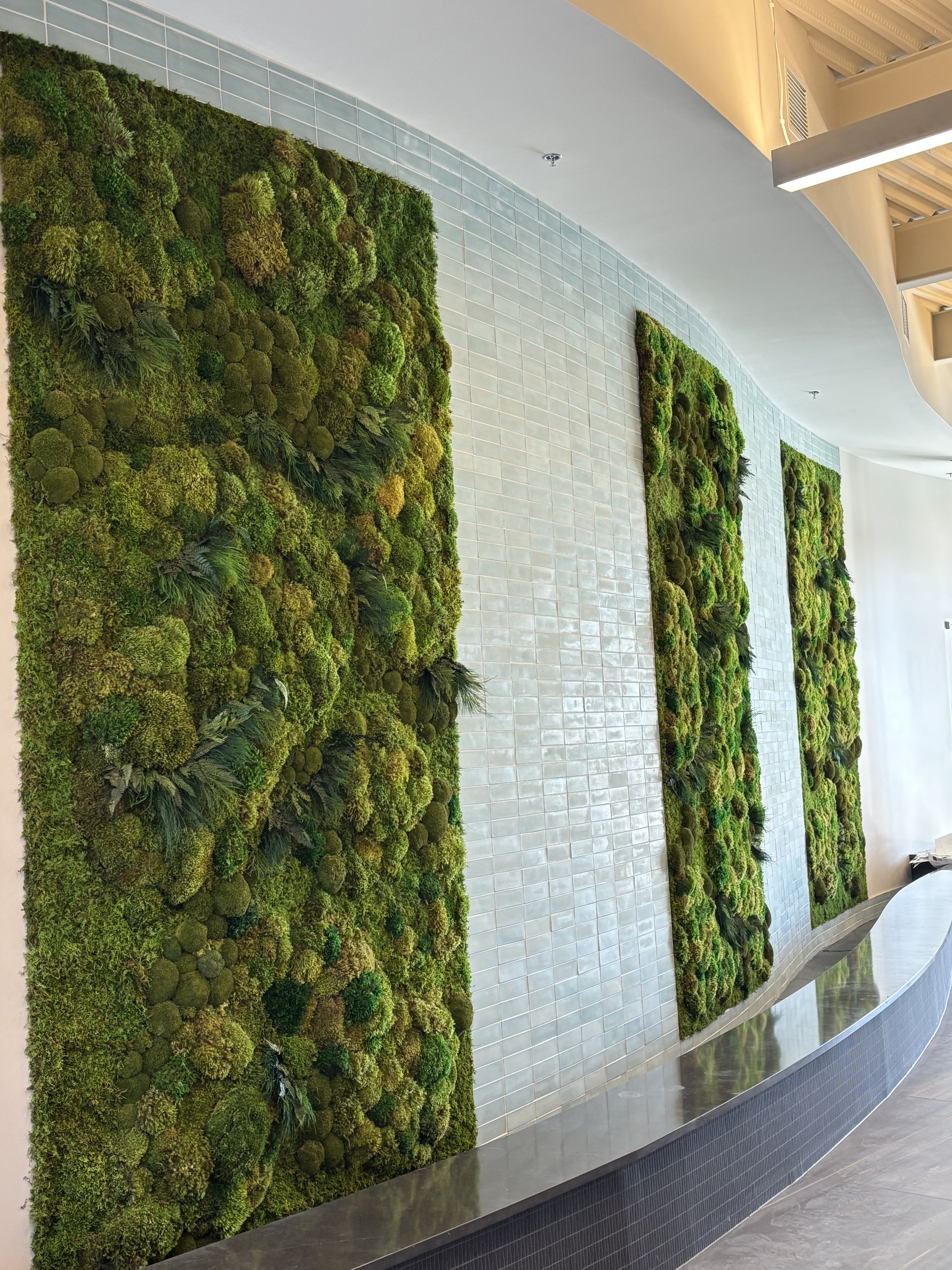 Indoor wall with vertical green moss panels and light-colored tiled background, with a dark baseboard at the bottom, in a modern interior space.