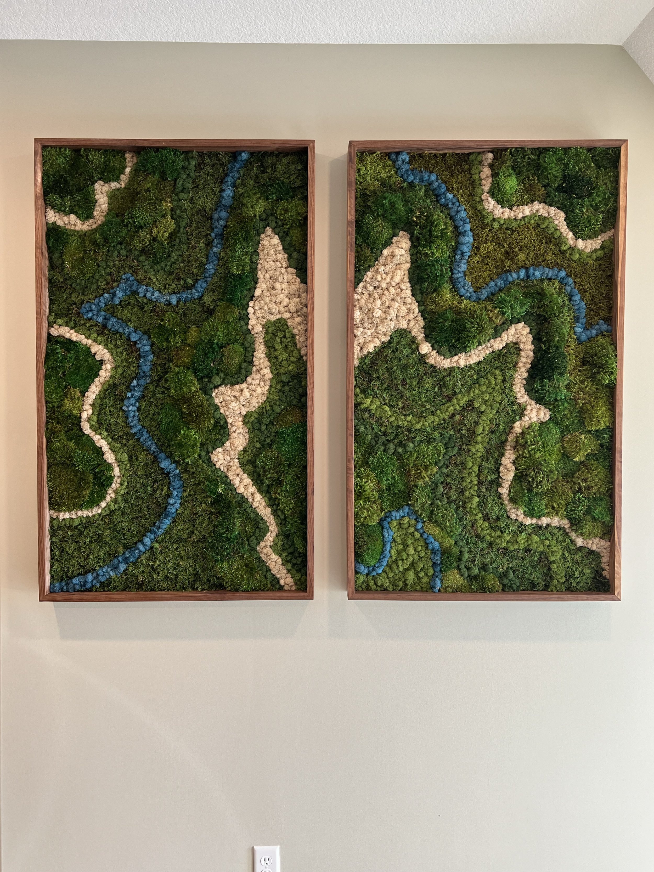 Two framed moss art pieces mounted on a light grey wall, featuring green moss and blue and beige decorative elements in an abstract design.