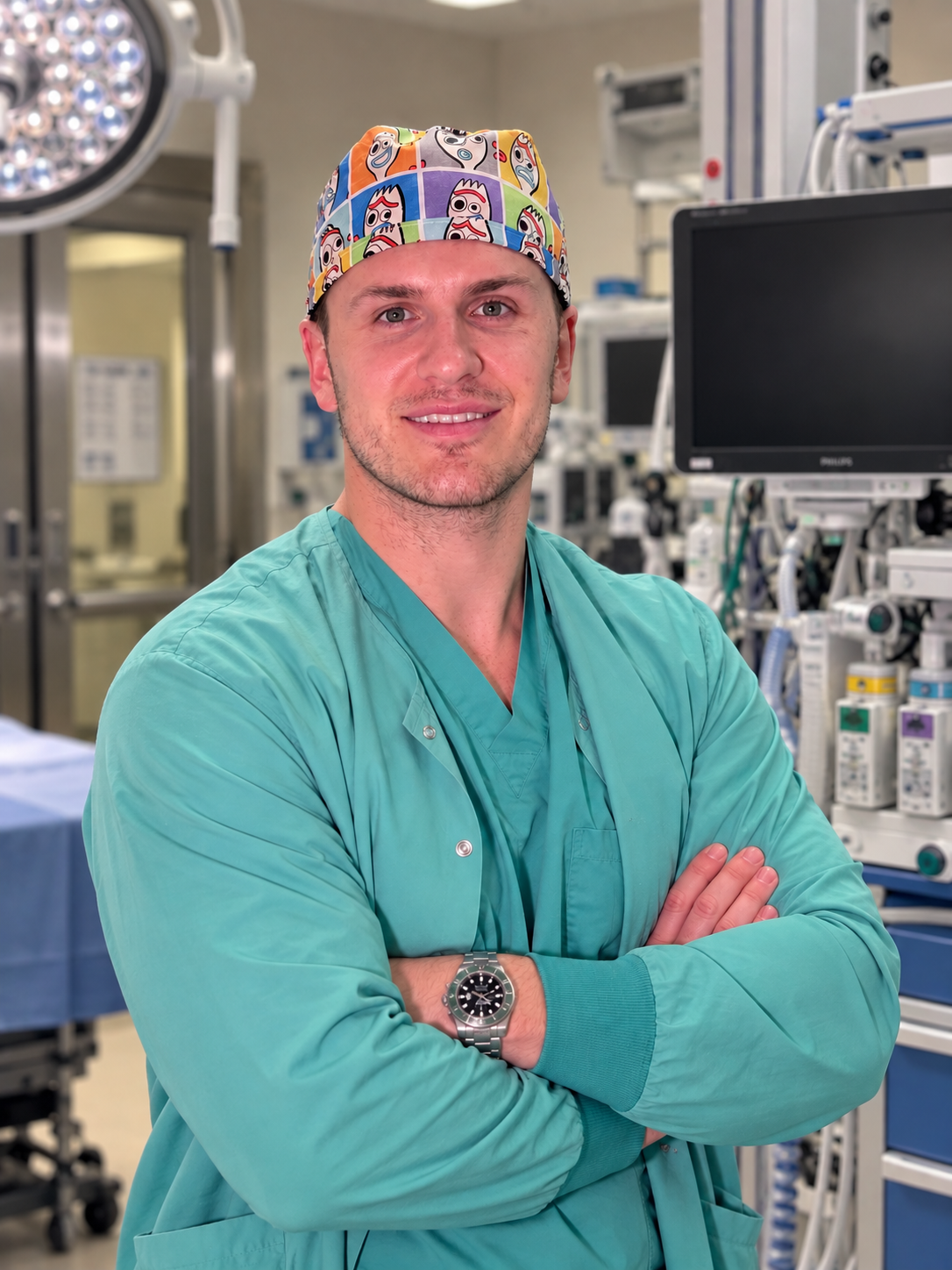 A young male doctor or surgeon standing in an operating room, wearing a colorful cartoon character scrub cap and a teal scrub suit. He is smiling with arms crossed, surrounded by medical equipment and monitors.