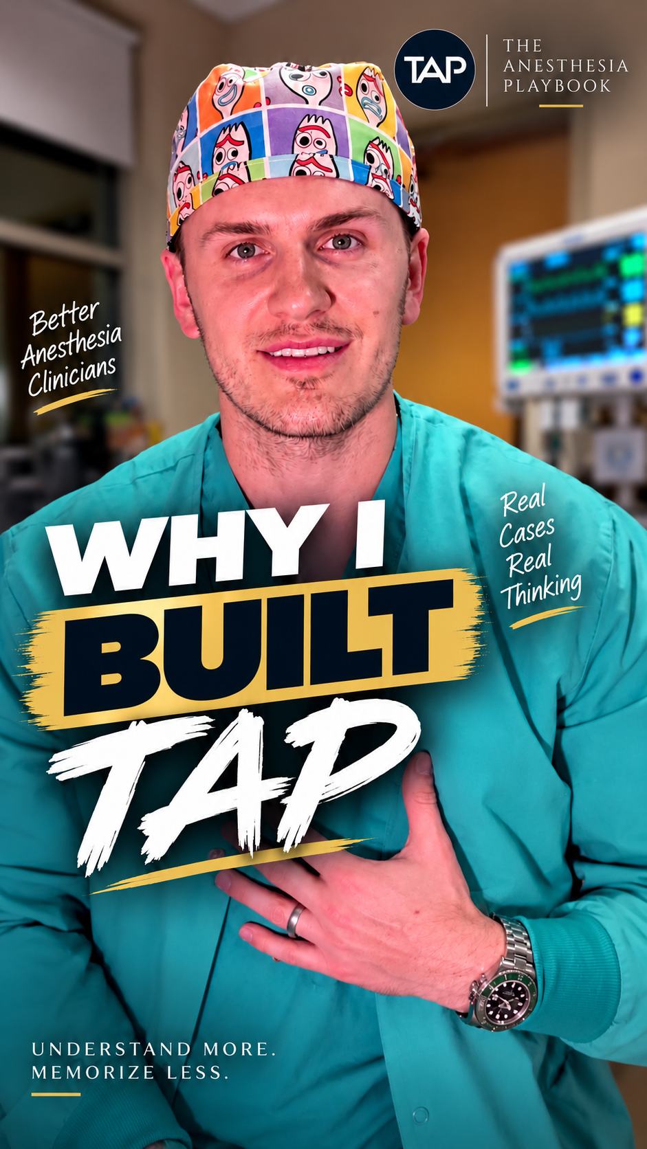 Close-up of a young male healthcare professional wearing colorful surgical cap and teal scrubs, smiling, with text overlay discussing TAP anesthesia and competitive headlines about clinical reasoning and case studies.