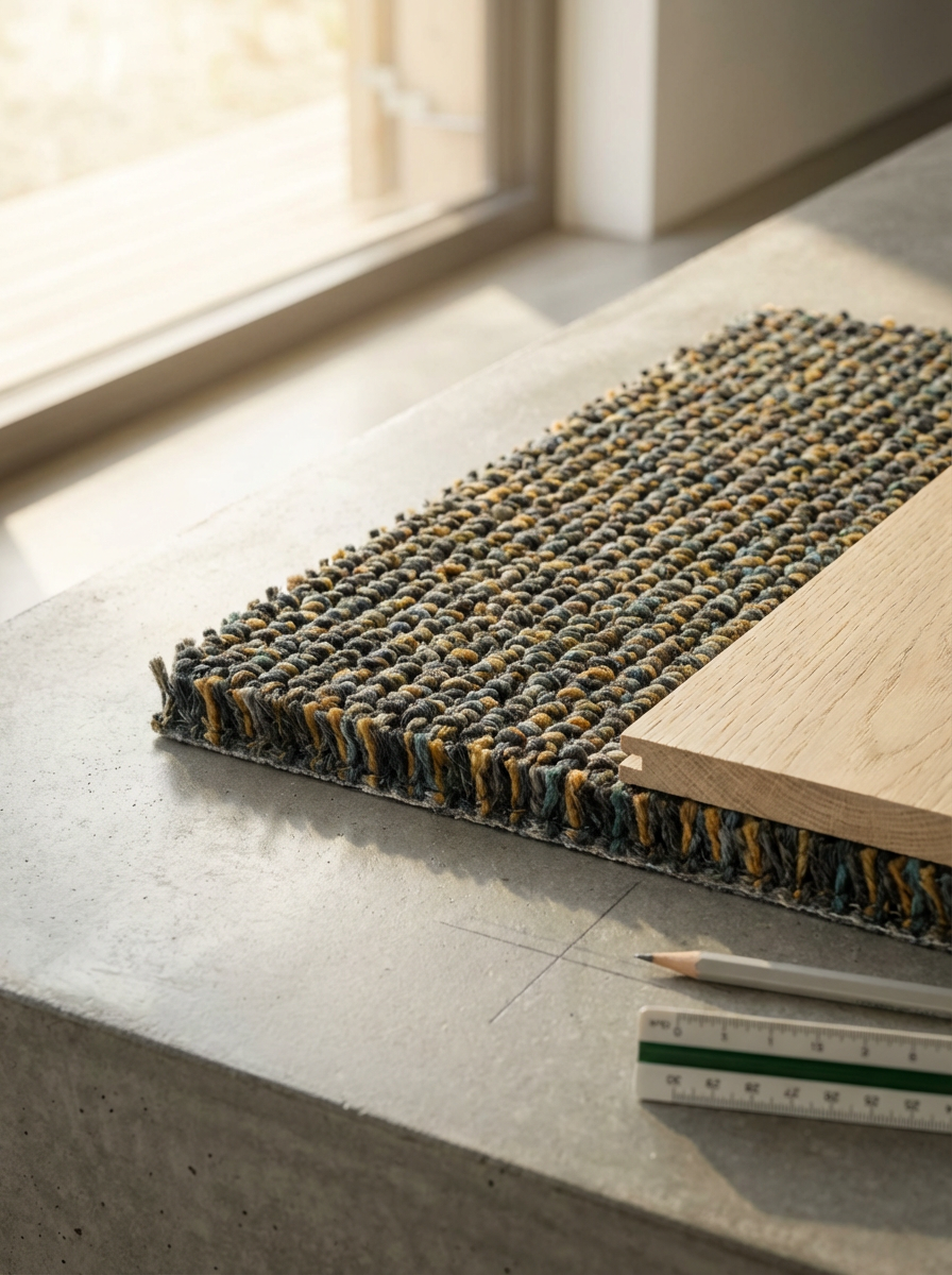 Close-up of a woven multicolored rug, a piece of light wood, a pencil, and a ruler on a concrete surface near a window.