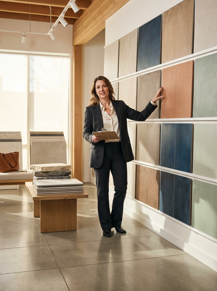 A woman in business attire standing in a showroom or gallery, pointing at different color samples or tiles on the wall, with a clipboard in her hand.