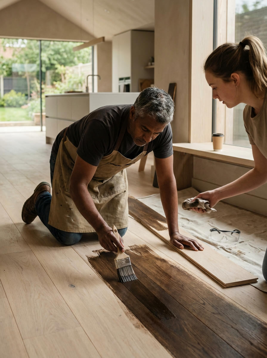 Man and woman refinishing wooden floor with paintbrush and cloth in a modern kitchen.